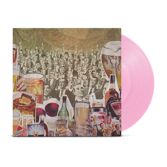 A vinyl record by Dear and the Headlights features an opaque pink disc and a cover with a lively crowd raising drinks—wine, beer, and cocktails—in a modern celebration reminiscent of Bible times.