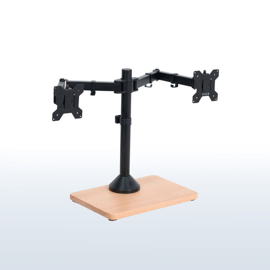 Dual monitor mount desk stand with wooden base. Featuring height adjustment, tilt, swivel, rotation, and built-in cable management.
