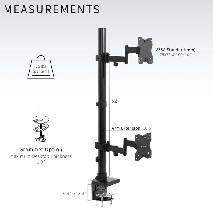 Stacked vertical dual monitor ultrawide desk mount with extending arms. Height adjustable with tilt, swivel, and integrated cable management.
