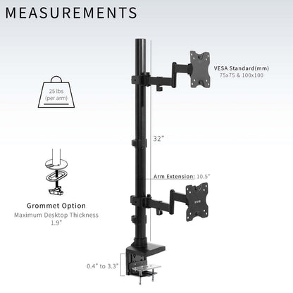 Stacked vertical dual monitor ultrawide desk mount with extending arms. Height adjustable with tilt, swivel, and integrated cable management.