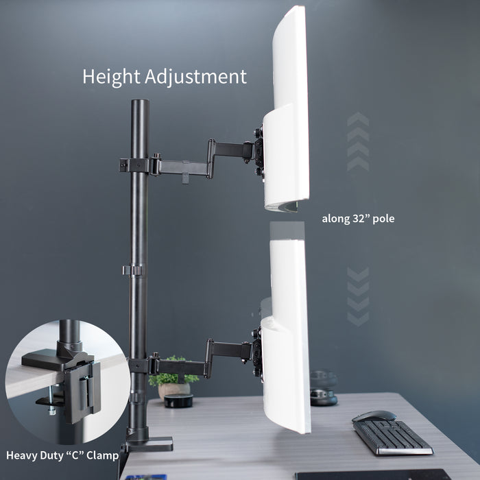 Stacked vertical dual monitor ultrawide desk mount with extending arms. Height adjustable with tilt, swivel, and integrated cable management.