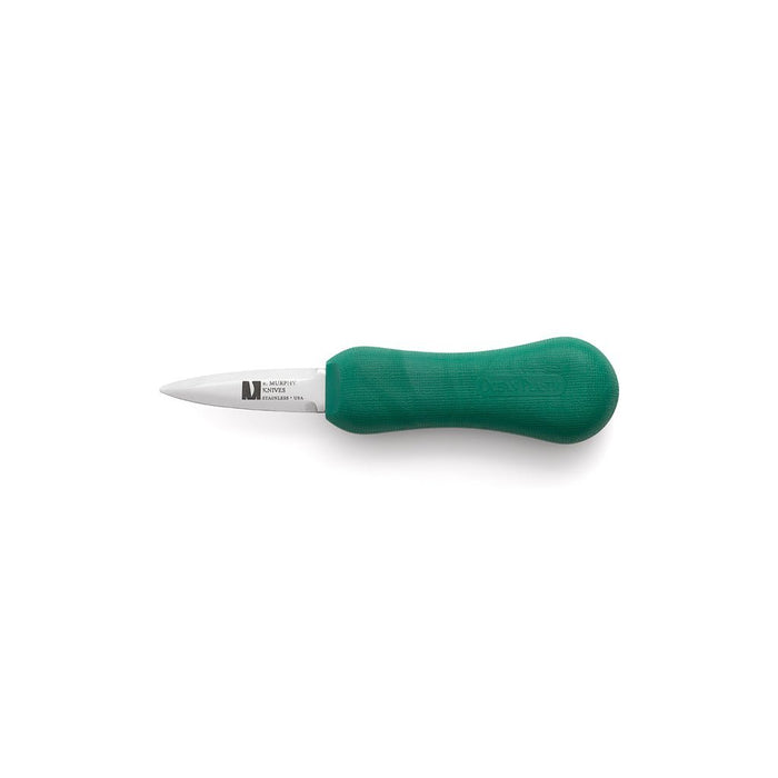 Oyster shucker with green recycled plastic handle on white background
