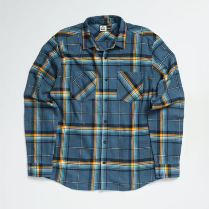 Dyson Flannel Shirt for men in blue and orange plaid, front view showing full shirt with chest pockets and button closure.