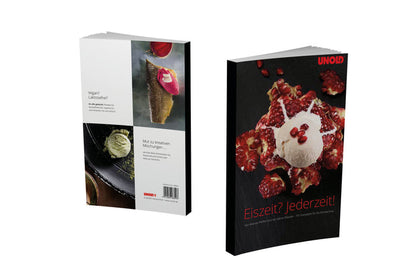 Zwei Ansichten des Unold Eisbuchs – 101 Eisrezepte: Die Vorderseite zeigt eine Kugel Eis mit Granatapfelkernen und -stücken, die Rückseite weitere Kugeln und einen kurzen Text.