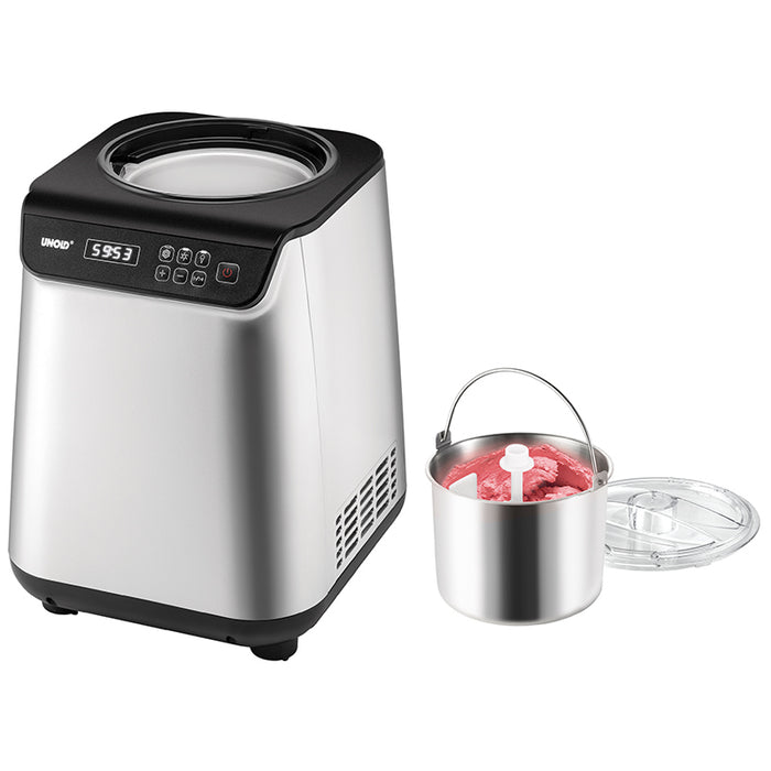 Neben der Unold Eismaschine Uno 1,2 L in Silber und Schwarz mit digitaler Steuerung steht eine abnehmbare Rührschüssel aus Metall, die mit rosa Eis gefüllt und mit einem transparenten Deckel abgedeckt ist.
