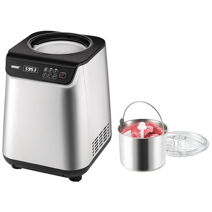 Neben der Unold Eismaschine Uno 1,2 L in Silber und Schwarz mit digitaler Steuerung steht eine abnehmbare Rührschüssel aus Metall, die mit rosa Eis gefüllt und mit einem transparenten Deckel abgedeckt ist.