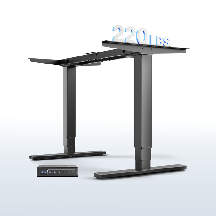 Electric height adjustable dual motor desk frame with programmable memory controller.