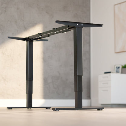 Electric height adjustable dual motor desk frame with programmable memory controller.