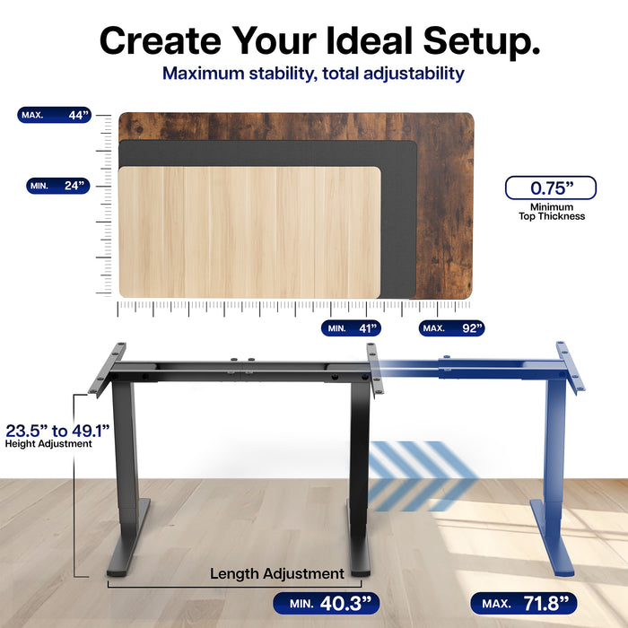Electric height adjustable dual motor desk frame with programmable memory controller.
