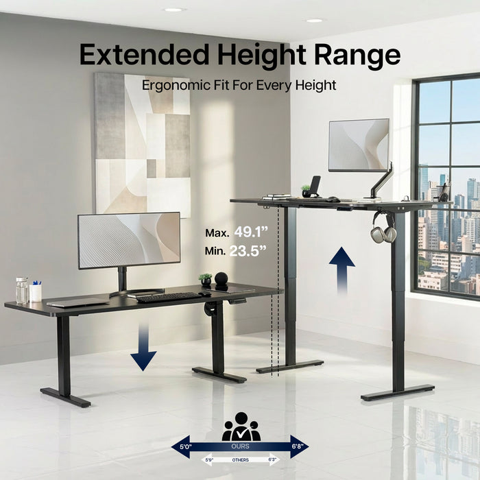 Electric height adjustable dual motor desk frame with programmable memory controller.
