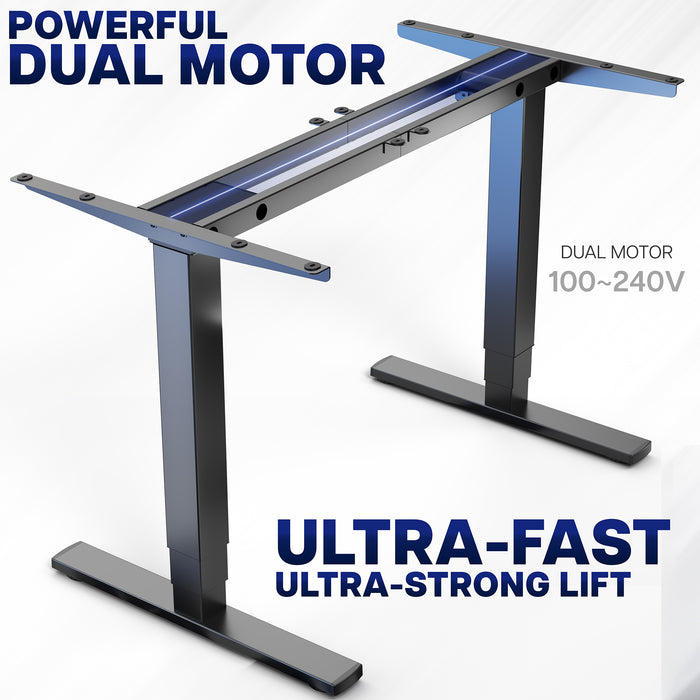 Electric height adjustable dual motor desk frame with programmable memory controller.