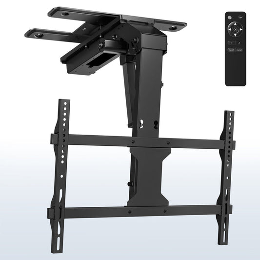 A black electric flip down/swivel ceiling TV mount with a remote control.