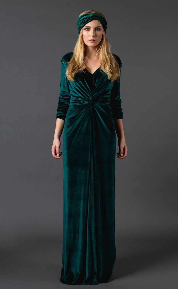 Emerald Velvet Knot Maxi Dress L