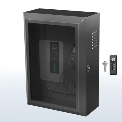 Black wall-mounted water-resistant EV charger box with a locking glass door.