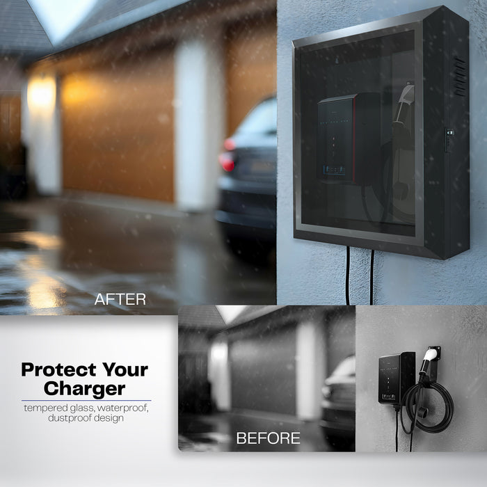 Black wall-mounted water-resistant EV charger box with a locking glass door.