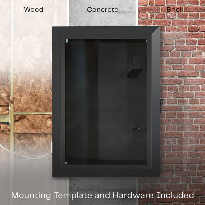Black wall-mounted water-resistant EV charger box with a locking glass door mounted on various surfaces.