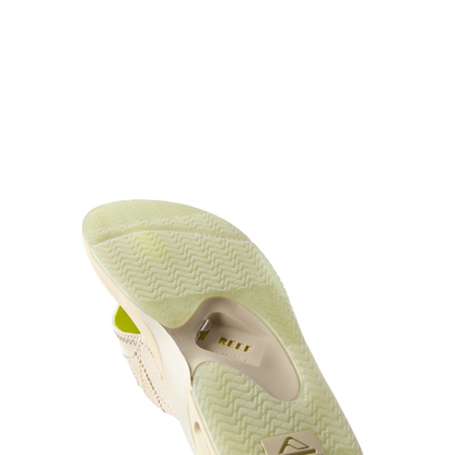 Fanning men's shoe showing the outsole facing forward, highlighting durable, water-friendly sole with anatomical arch support.