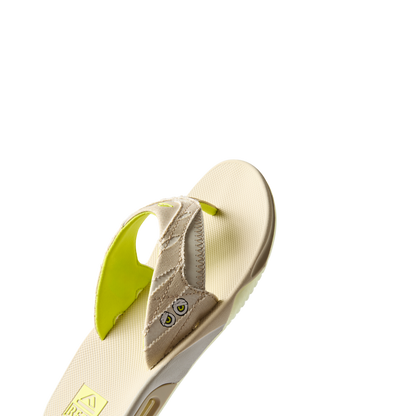 Fanning men's sandal facing right, close-up of the top and side with soft cushioning and arch support details