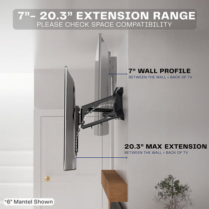 TV wall mount with extension range details on a neutral background