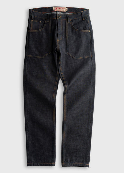 Dark denim jeans with visible stitching, front pockets, and a branded waistband, displayed on a plain background.