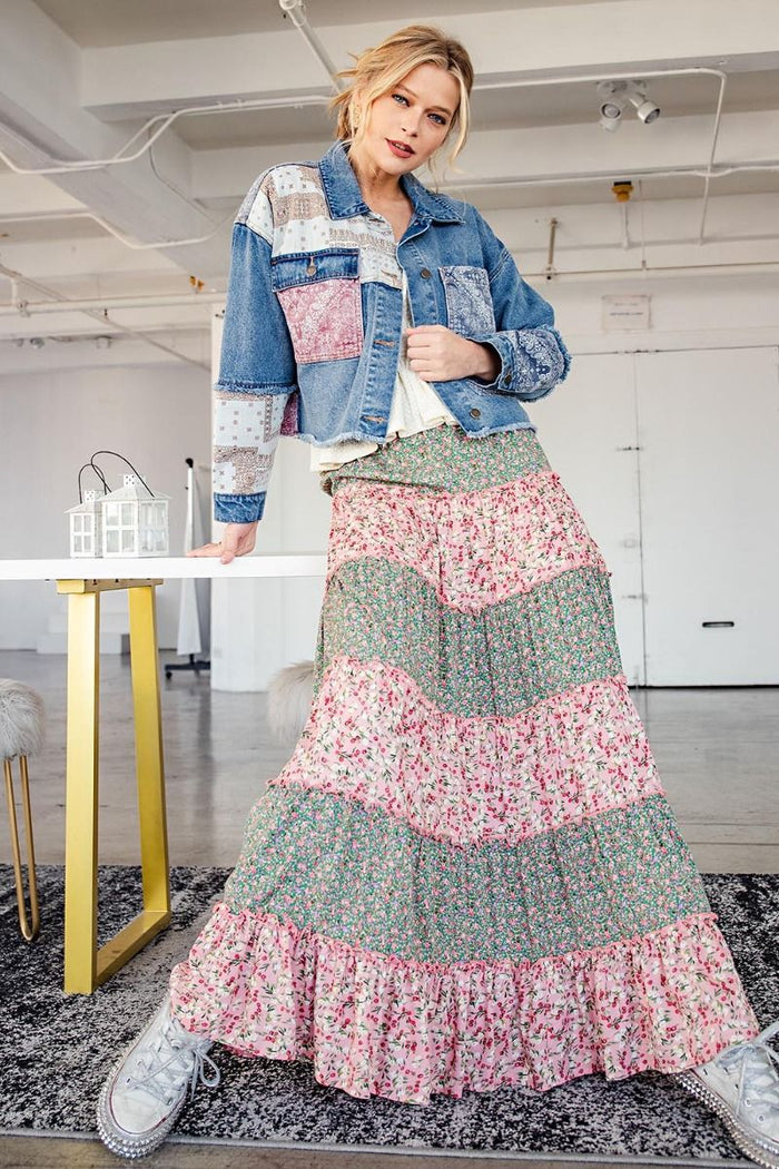 Floral Pull On Elastic Waist Maxi Skirt