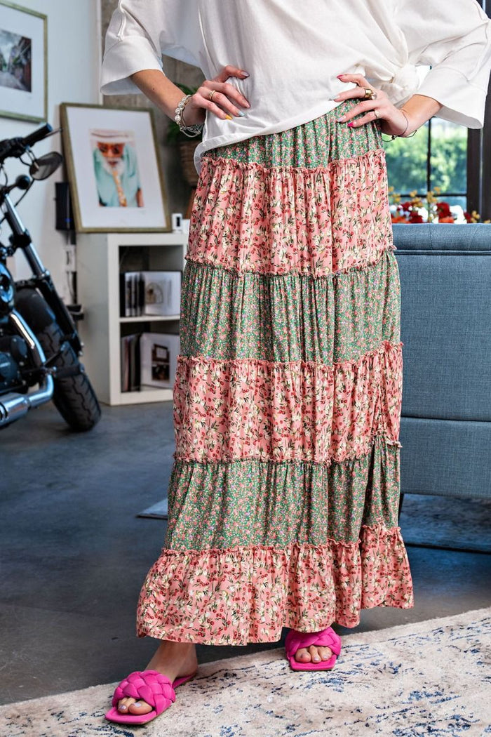 Floral Pull On Elastic Waist Maxi Skirt