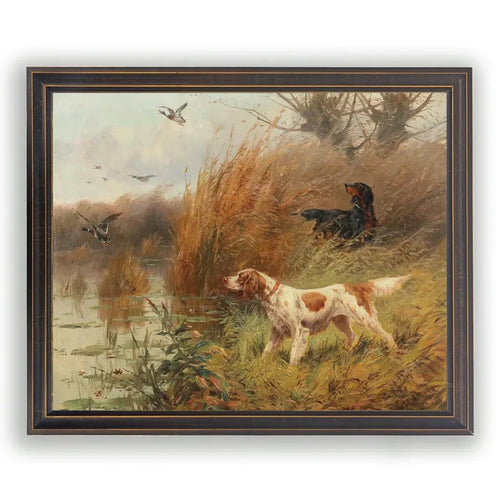 Framed Vintage Bird Dogs Oil Reproduction 10" x 8"