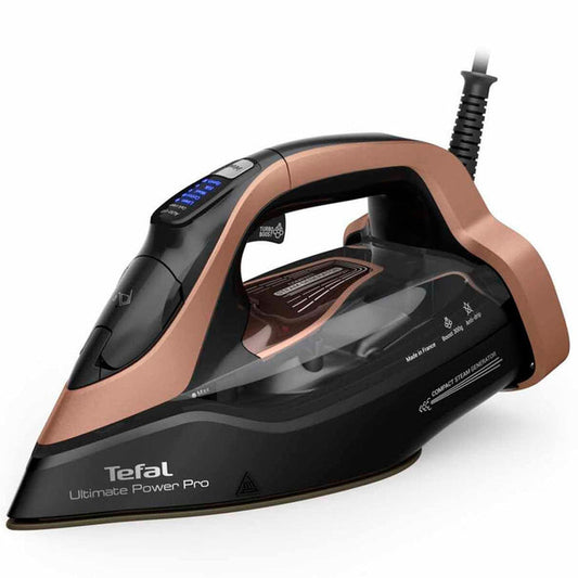 Tefal iron with rose gold and black design on a white background