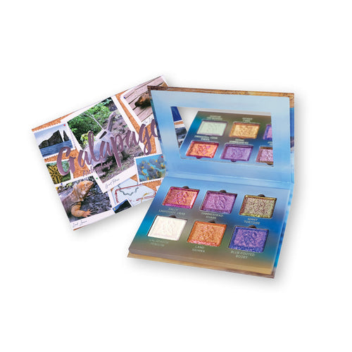 Galápagos Palette propped open displaying shadows with palette packaging visible behind on a white background.