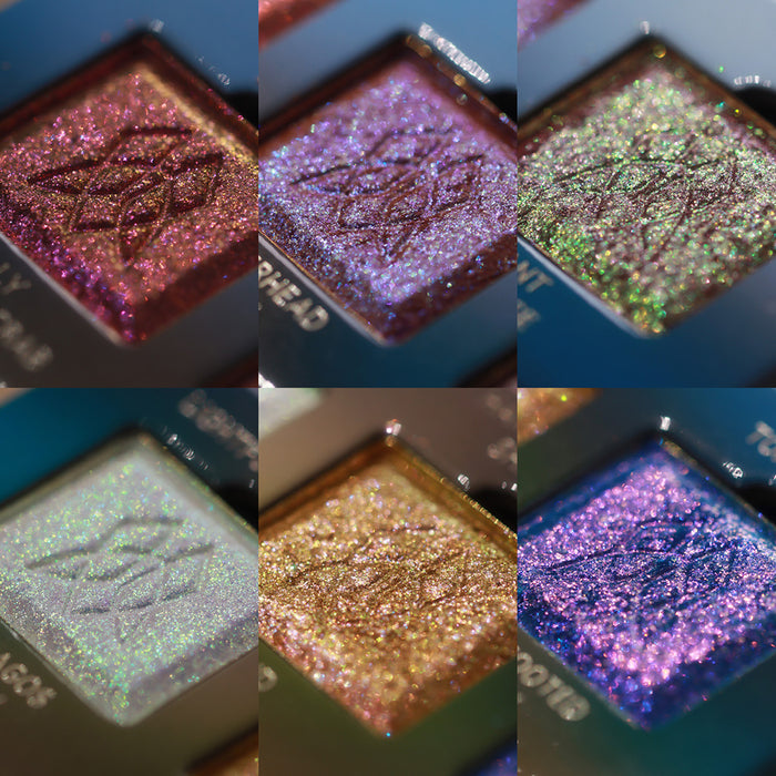 Close-up collage of six individual shadows in pans all from the Galápagos Palette.