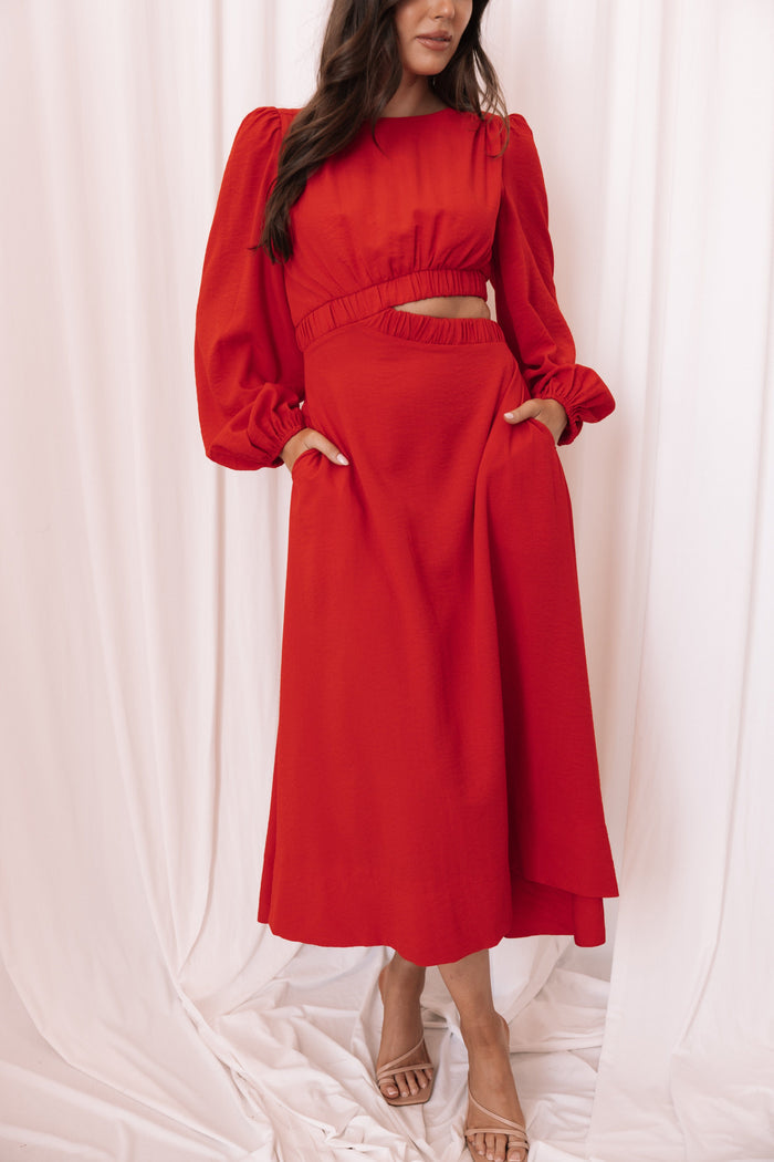 Petal and Pup USA DRESSES Ginnee Puff Sleeve Cutout Midi Dress - Red