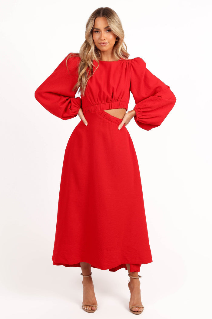 Petal and Pup USA DRESSES Ginnee Puff Sleeve Cutout Midi Dress - Red