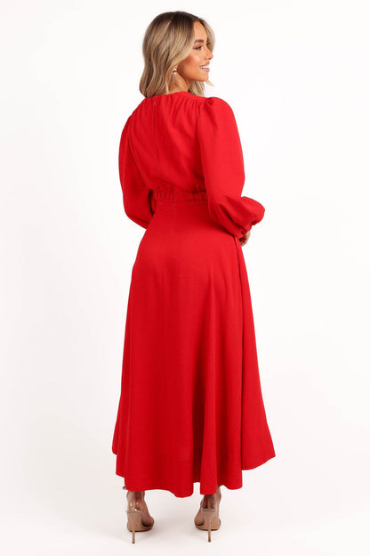 Petal and Pup USA DRESSES Ginnee Puff Sleeve Cutout Midi Dress - Red