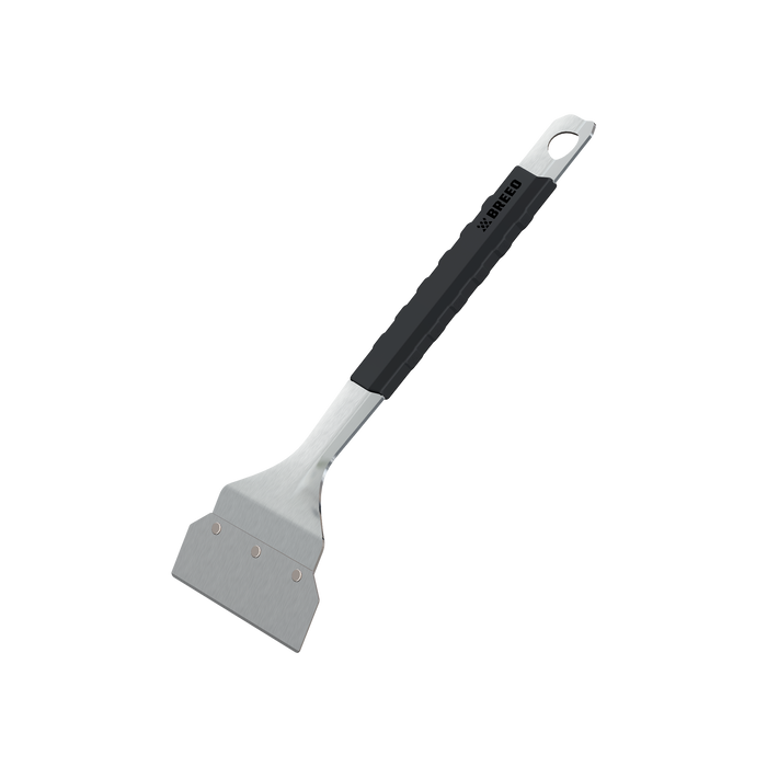 Scraper with black handle and gray blade on a white background