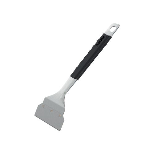 Scraper with black handle and gray blade on a white background