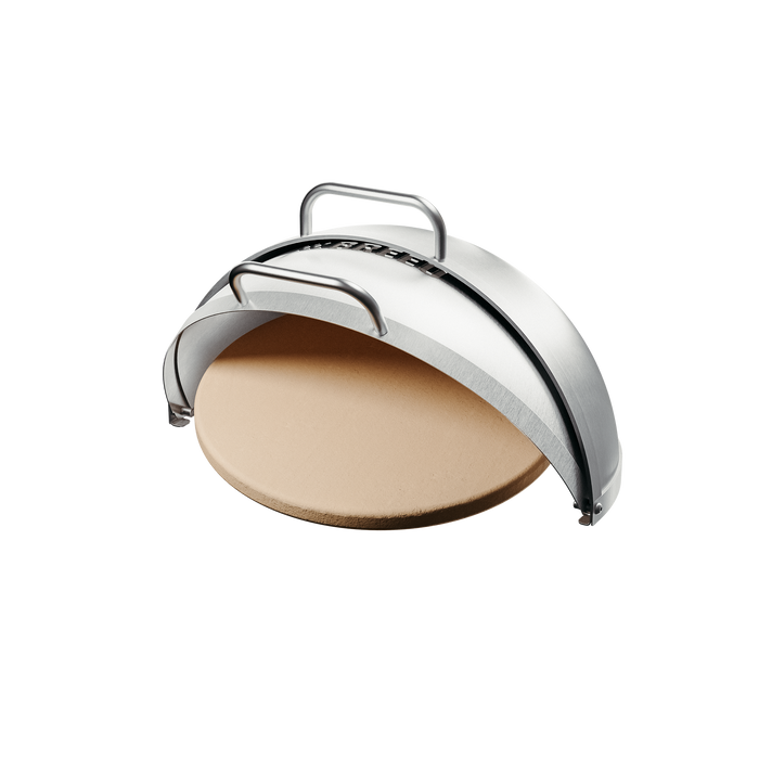 Breeo stainless steel pizza oven dome with ceramic pizza stone, designed for live-fire cooking on Breeo fire pits