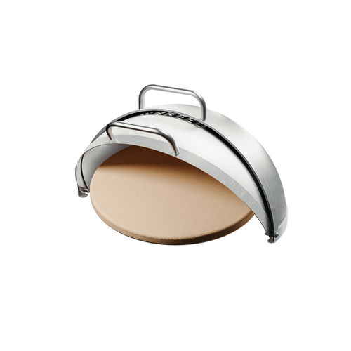 Breeo stainless steel pizza oven dome with ceramic pizza stone, designed for live-fire cooking on Breeo fire pits