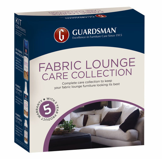 Guardsman Fabric Lounge Care Kit with 5 Year Warranty 5-8 Seats box showing the product name, warranty badge, a living room sofa image, and includes Fabric Protector Spray for long-lasting care and protection.