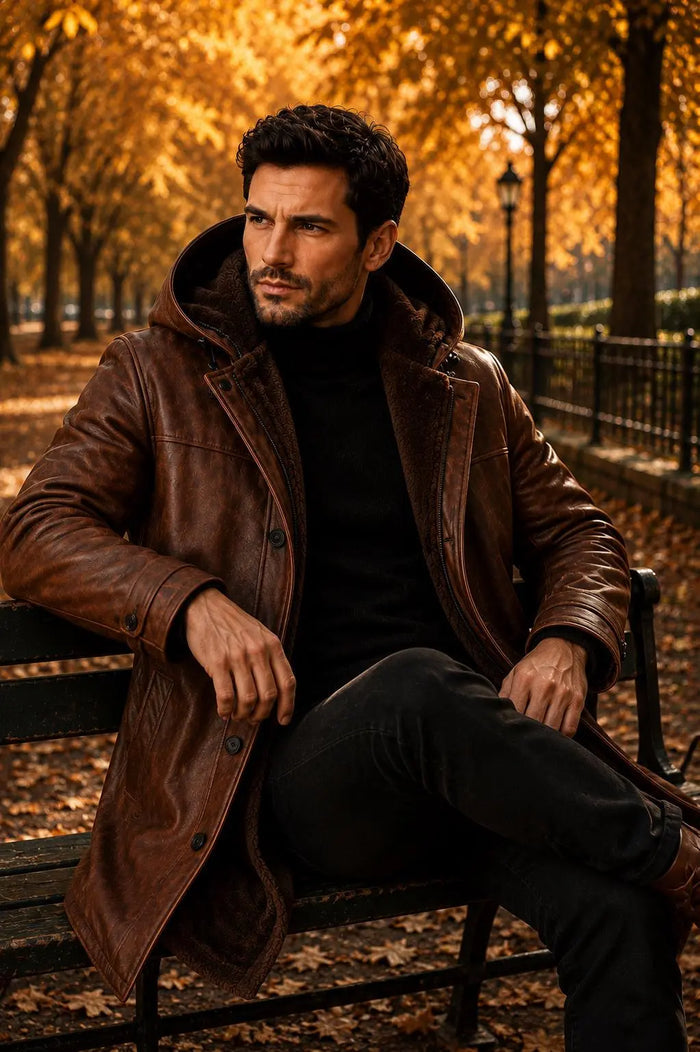 Handmade Men's Brown Lambskin Leather Coat with Faux Shearling Hood
