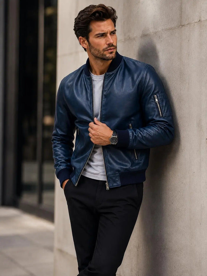 Handmade Men's Navy Blue Lambskin Leather Bomber Jacket | Gift for Him