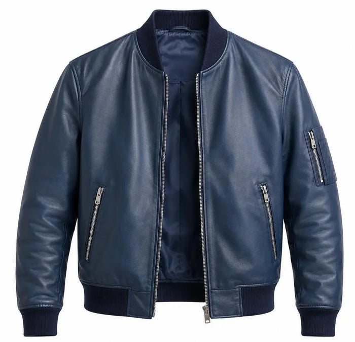 Handmade Men's Navy Blue Lambskin Leather Bomber Jacket | Gift for Him