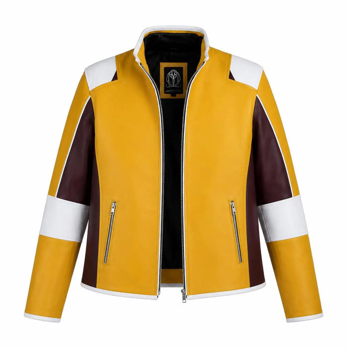Handmade Skull Patch Cosplay Lambskin Leather Jacket for Men - Yellow Maroon Racer Jacket