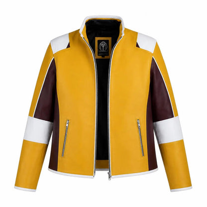 Handmade Skull Patch Cosplay Lambskin Leather Jacket for Men - Yellow Maroon Racer Jacket