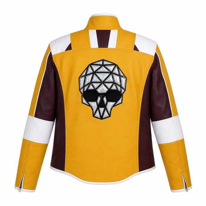 Handmade Skull Patch Cosplay Lambskin Leather Jacket for Men - Yellow Maroon Racer Jacket