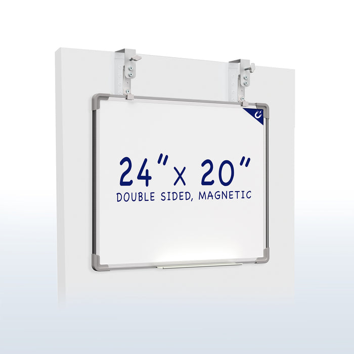 White, double-sided magnetic dry erase board mounted on a white wall.