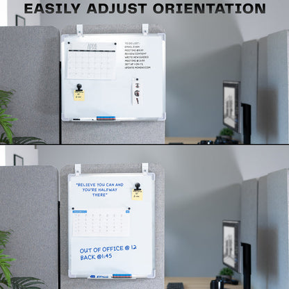 White, double-sided magnetic dry erase board mounted on a gray wall with different orientation options