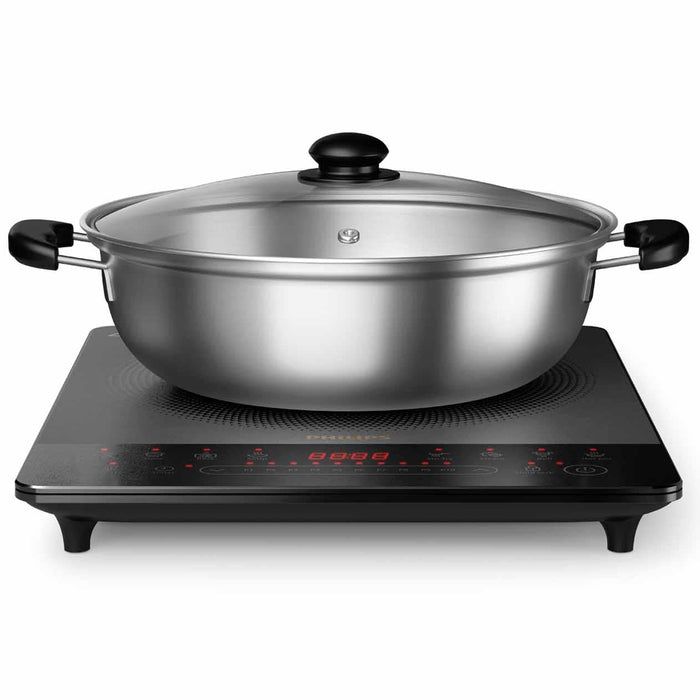Stainless steel pot on an electric cooktop with a white background