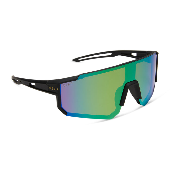 diff sport heat shield sunglasses with a matte black frame and green mirror polarized lenses angled view