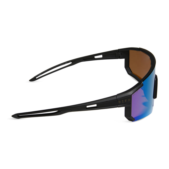 diff sport heat shield sunglasses with a matte black frame and green mirror polarized lenses side view