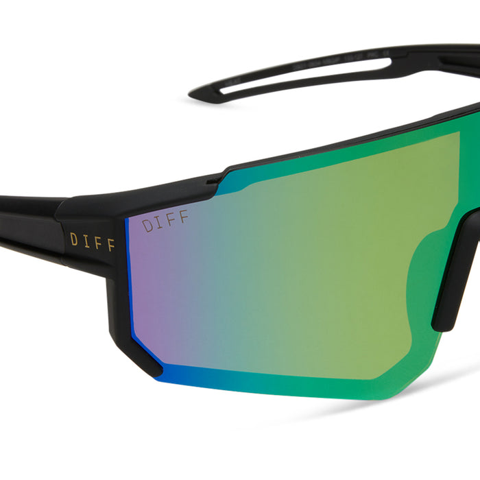 diff sport heat shield sunglasses with a matte black frame and green mirror polarized lenses detailed view